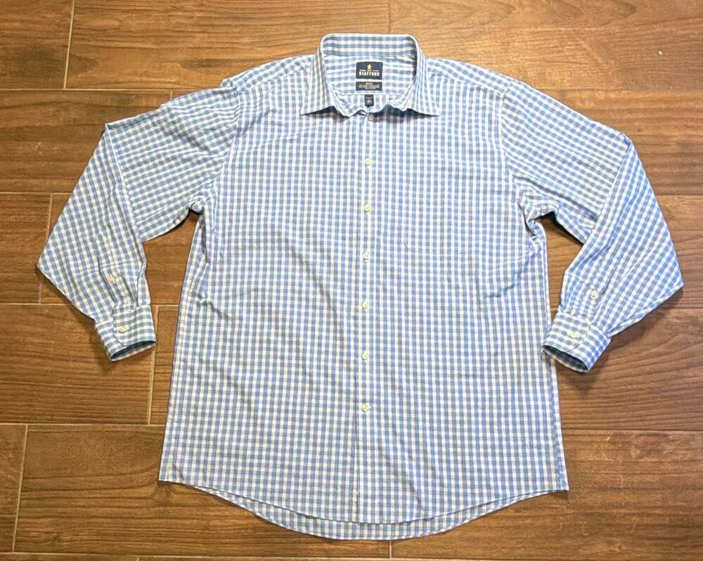 Stafford Travel Shirt Size 17 1/2 Blue White Gingham Plaid Long Sleeve